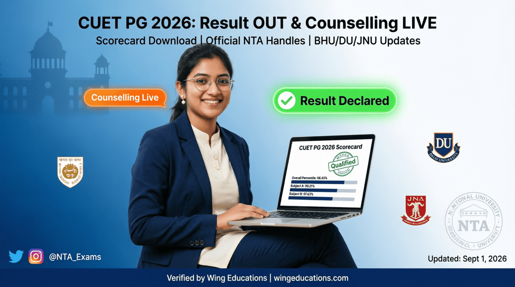 CUET PG 2026 result declared April 24 counselling live at BHU DU JNU official NTA handles scorecard download updated Sept 1 2026
