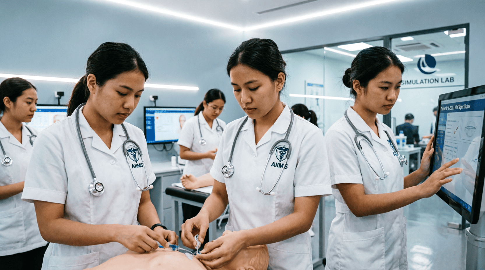 Dedicated nursing students in white uniforms practicing in a modern medical simulation lab for AIIMS BSc Nursing 2027 admission