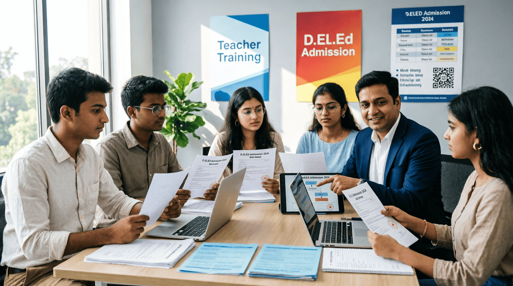 Students receiving D.Ed counseling guidance for teacher training admission 2026-27, reviewing documents and choice filling process with education counselor